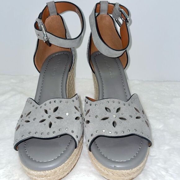 COACH Kelsi‎ Wedge Espadrille Sandals Heather Grey Gray Suede Studded Size 6.5 - Picture 2 of 6